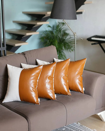 Vegan Faux Leather Detailed Throw Pillow Set of 4