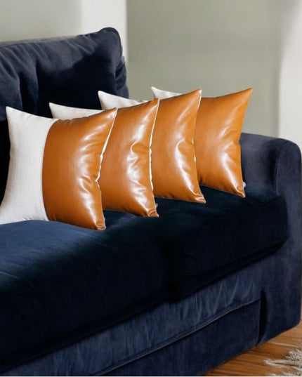Vegan Faux Leather Detailed Throw Pillow Set of 4