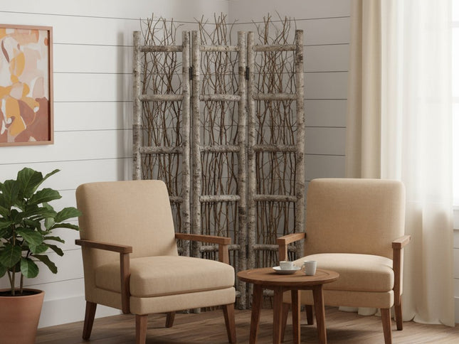 Earthy Birch and Twig Four Panel Room Divider Screen