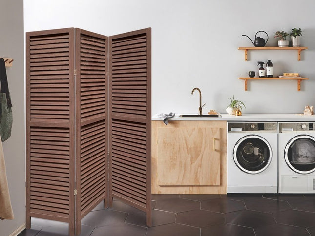 Stylish Three Panel Washed Brown Shutter Divider Screen