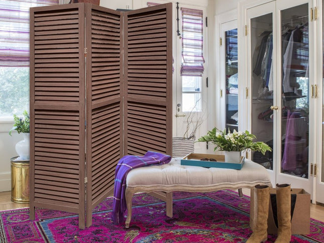 Stylish Three Panel Washed Brown Shutter Divider Screen