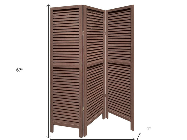 67" Brown Solid Wood Folding Three Panel Screen Room Divider