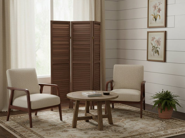 Stylish Three Panel Washed Brown Shutter Divider Screen