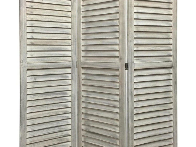 Stylish Three Panel Washed White Shutter Divider Screen