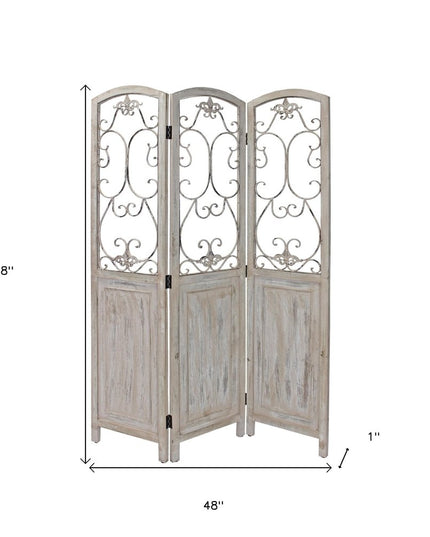 68" Beige Metal And Wood Folding Three Panel Screen Room Divider