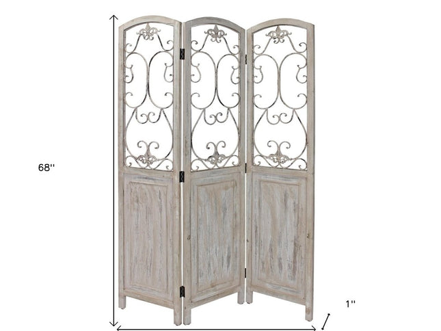 Romantic Whitewashed Scroll Three Panel Room Divider Screen