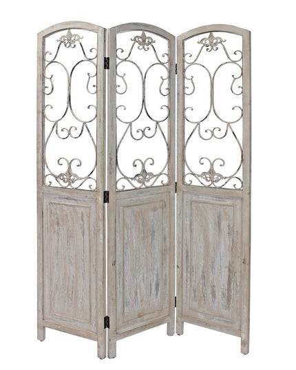 Romantic Whitewashed Scroll Three Panel Room Divider Screen