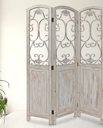 68" Beige Metal And Wood Folding Three Panel Screen Room Divider