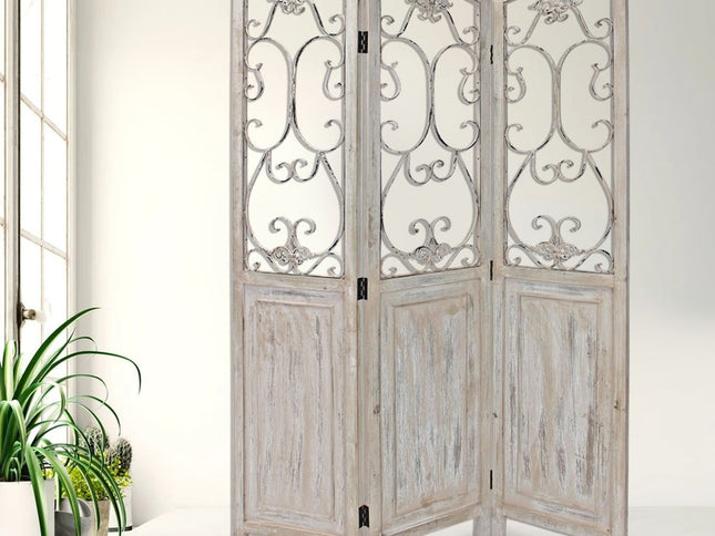 Romantic Whitewashed Scroll Three Panel Room Divider Screen