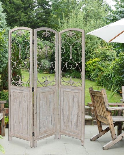 68" Beige Metal And Wood Folding Three Panel Screen Room Divider