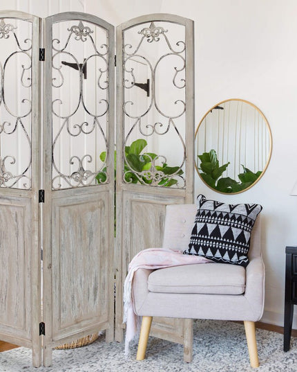 68" Beige Metal And Wood Folding Three Panel Screen Room Divider