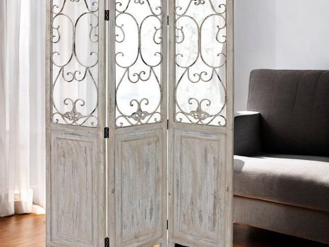 68" Beige Metal And Wood Folding Three Panel Screen Room Divider