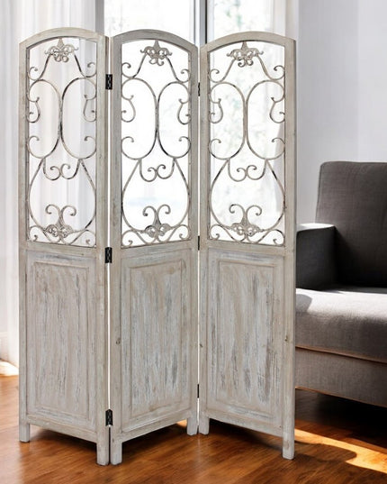 68" Beige Metal And Wood Folding Three Panel Screen Room Divider