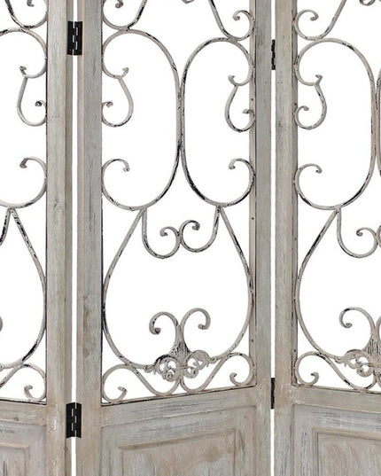 68" Beige Metal And Wood Folding Three Panel Screen Room Divider