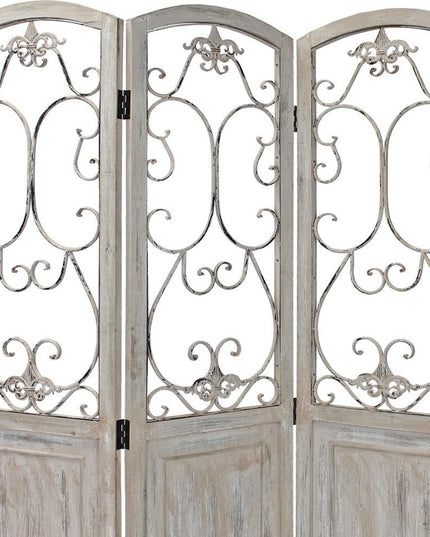 68" Beige Metal And Wood Folding Three Panel Screen Room Divider