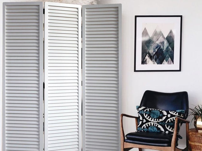 White Louvered Three Panel Room Divider Screen