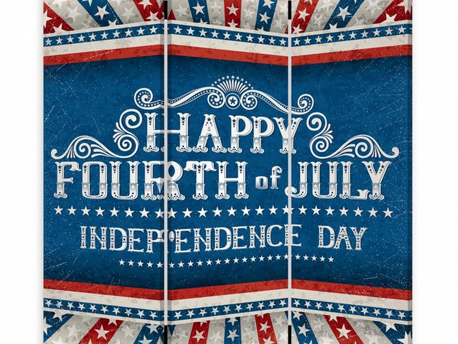 72" Blue And White Folding Three Panel Screen Room Divider