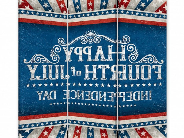 72" Blue And White Folding Three Panel Screen Room Divider