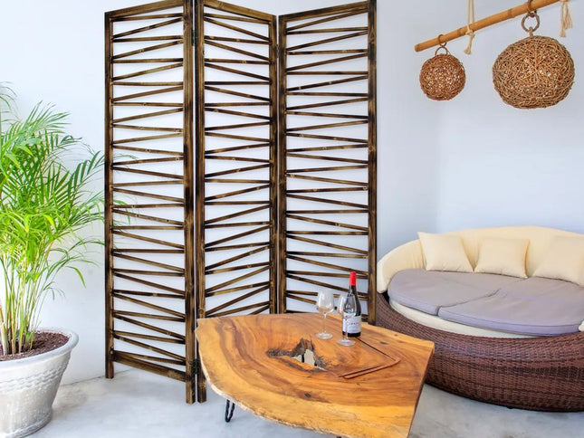 Rustic Geo Design Wood Three Panel Room Divider Screen