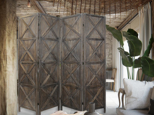 79" Brown Solid Wood Folding Four Panel Screen Room Divider