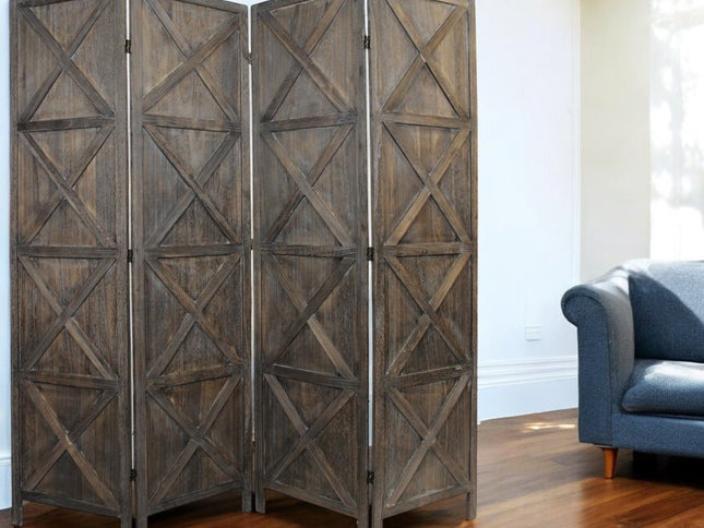 79" Brown Solid Wood Folding Four Panel Screen Room Divider