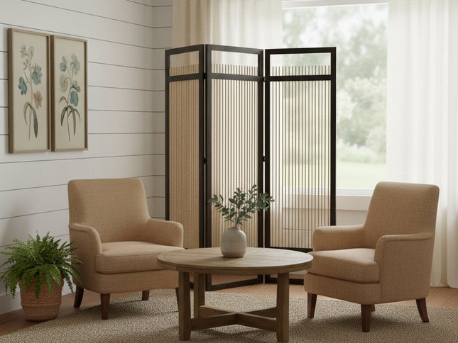 Light and Dark Rattan Three Panel Room Divider Screen