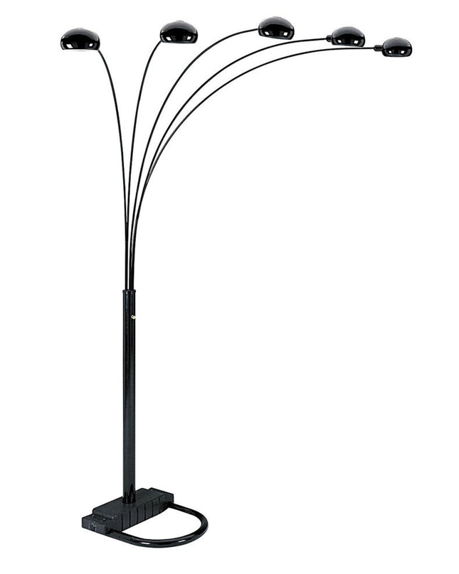 84" Black Five Light Arc Floor Lamp With Black Dome Shade