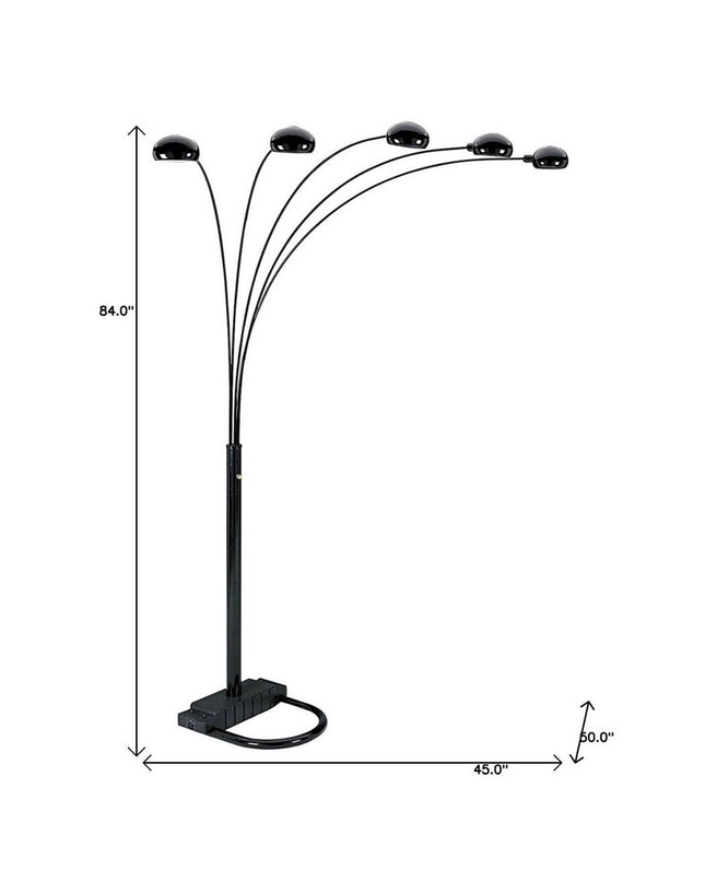 84" Black Five Light Arc Floor Lamp With Black Dome Shade