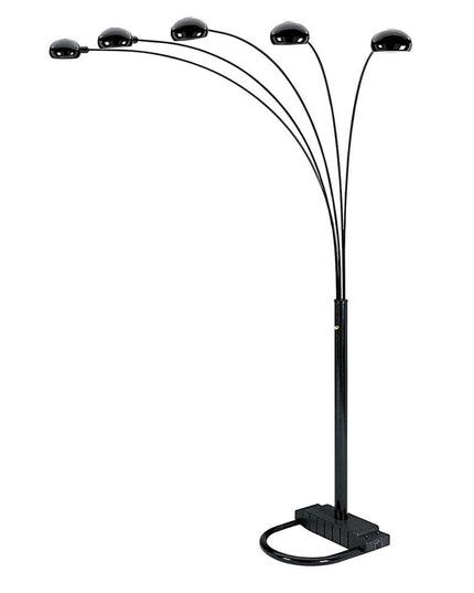 84" Black Five Light Arc Floor Lamp With Black Dome Shade