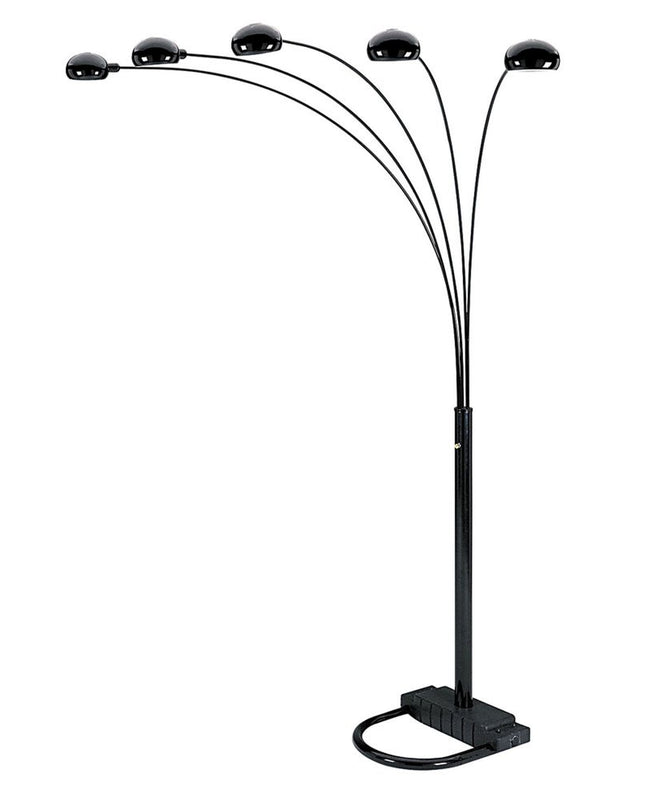 84" Black Five Light Arc Floor Lamp With Black Dome Shade