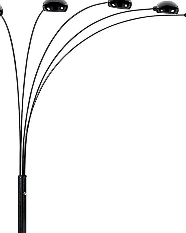 84" Black Five Light Arc Floor Lamp With Black Dome Shade