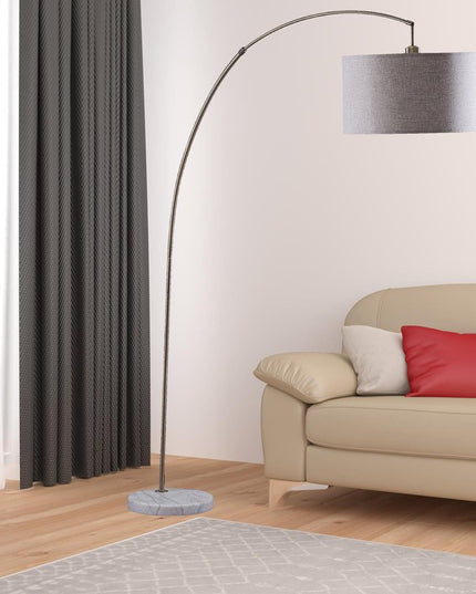 86" Beige And Antique Gold Arched Floor Lamp With Gray Drum Shade