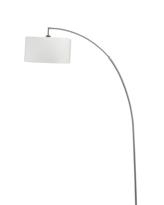 86" White And Silver Arc Floor Lamp With White Drum Shade