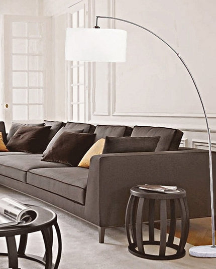 86" White And Silver Arc Floor Lamp With White Drum Shade