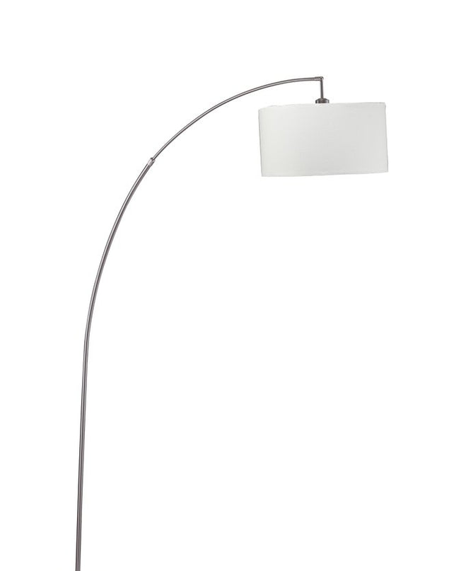 86" White And Silver Arc Floor Lamp With White Drum Shade