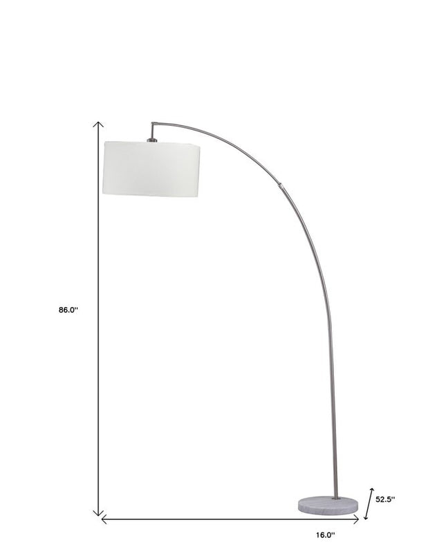 86" White And Silver Arc Floor Lamp With White Drum Shade
