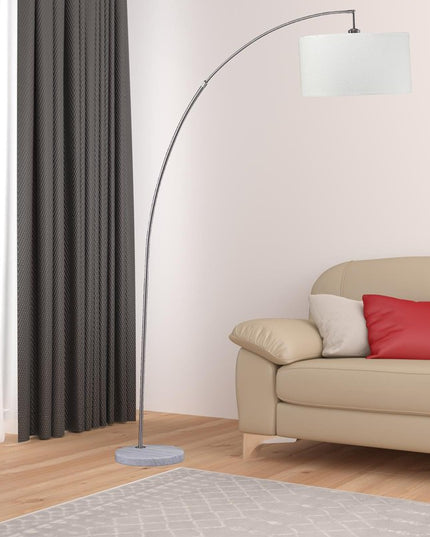86" White And Silver Arc Floor Lamp With White Drum Shade