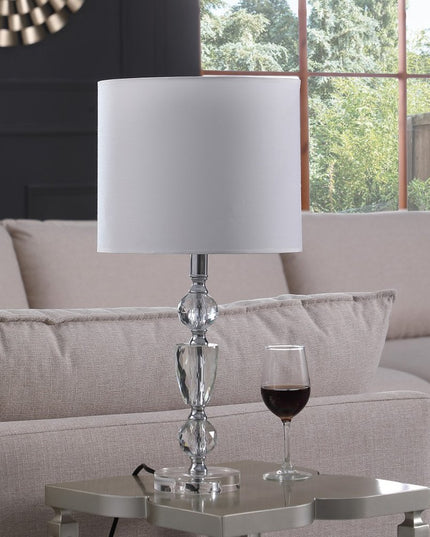 24" Clear And Silver Faux Crystal And Metal Table Lamp With White Drum Shade