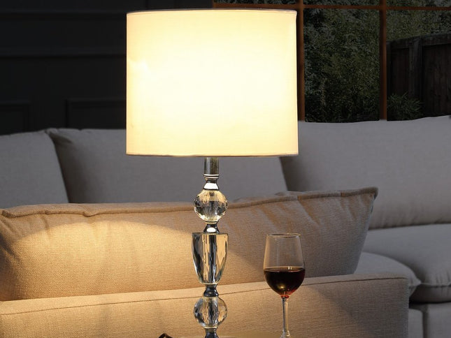 24" Clear And Silver Faux Crystal And Metal Table Lamp With White Drum Shade