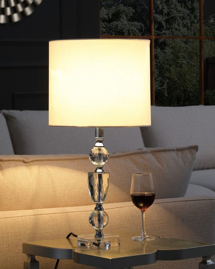 24" Clear And Silver Faux Crystal And Metal Table Lamp With White Drum Shade
