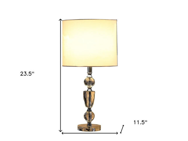 24" Clear And Silver Faux Crystal And Metal Table Lamp With White Drum Shade