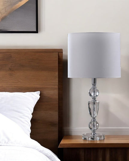 24" Clear And Silver Faux Crystal And Metal Table Lamp With White Drum Shade
