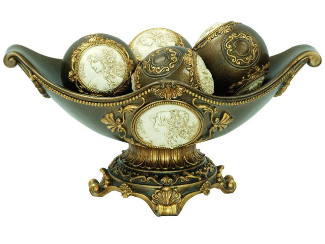 8" Bronze Polyresin Classical Greek Decorative Bowl With Orbs