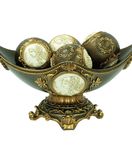 8" Bronze Polyresin Classical Greek Decorative Bowl With Orbs