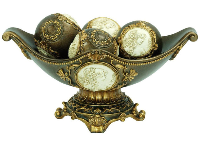 8" Bronze Polyresin Classical Greek Decorative Bowl With Orbs