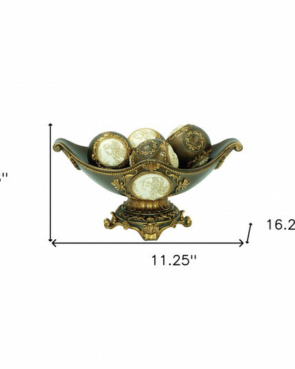 8" Bronze Polyresin Classical Greek Decorative Bowl With Orbs