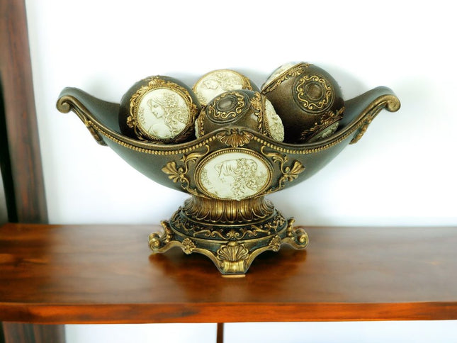 8" Bronze Polyresin Classical Greek Decorative Bowl With Orbs