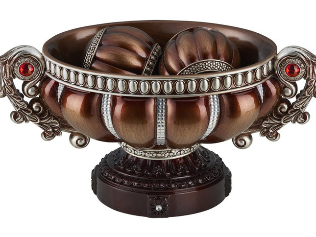 9" Reddish Bronze And Silver Polyresin Decorative Bowl With Orbs