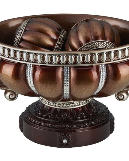 9" Reddish Bronze And Silver Polyresin Decorative Bowl With Orbs