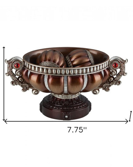 9" Reddish Bronze And Silver Polyresin Decorative Bowl With Orbs
